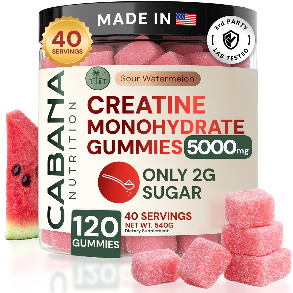 Kretine Monohidrat Gummies 5g - Sadece 2g Şeker, ABD'de Yapıldı - Sour Watermelon Flavor - Vegan & 3rd Parti Test Edildi - Pre & Post Workout Supplement for Women and Men (120 Count, 40 Hizmet)