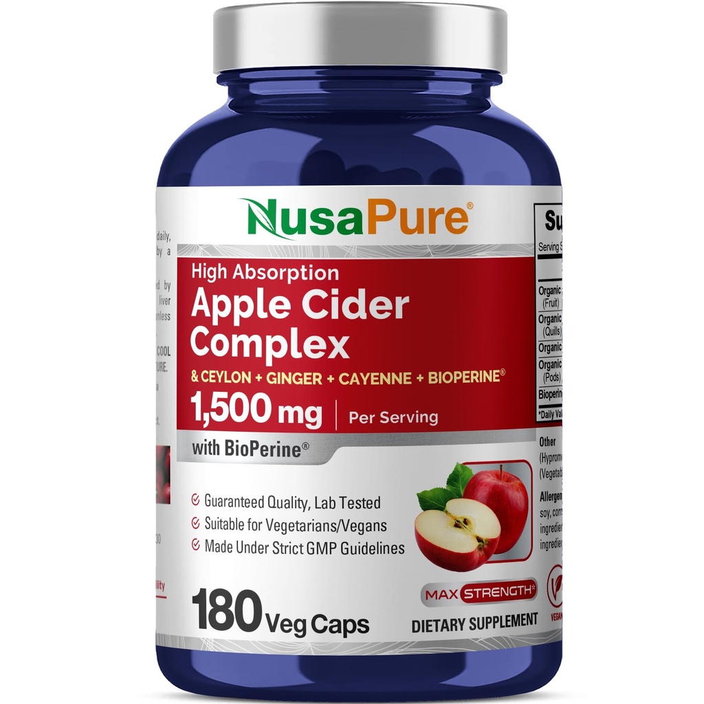NusaPure Apple Cider Vinegar Kompleksi 1500 mg 180 Veg Caps Vegetarians and Vegans, Non-GMOMO