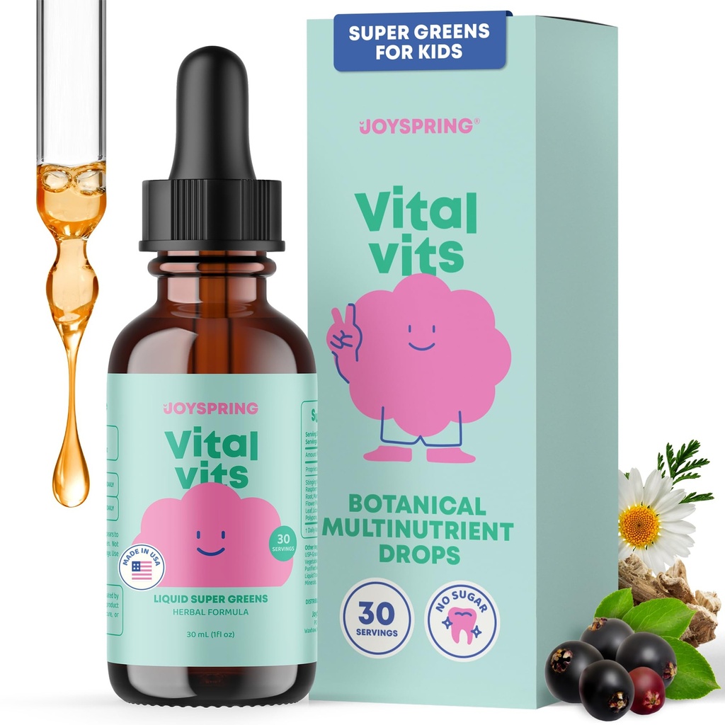 JoySpring Vital Vits - Çocuklar Sıvı Çokvitamin - 1 fl oz (30 Hizmet) | Çocuklar için Herbal Sıvı Vitaminler | Doğal Flavor | Toddler Multivitamin with Elderberry, Spirulina, and Morevitamin