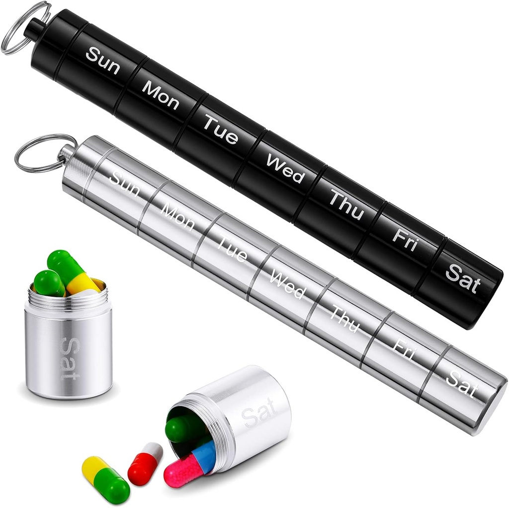 Vesici 2 Pack Metal Pi Weekly Pill Organizer Travel Pill Container 7 Günlük Sular Küçük Kapsüller Ölmüş Kadın Erkek Seyahat Açık (Black, Silver)
