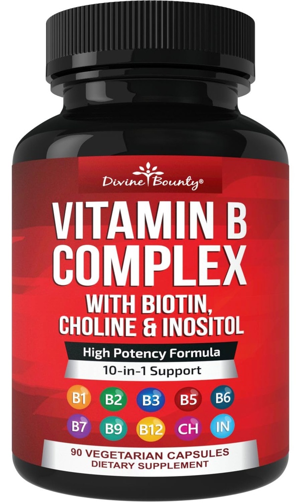 Divine Bounty Super B Complex Vitamins - All B Vitamins Including B12, B1, B2, B3, B5, B6, B7, B9, Folic Acid - Vitamin B Supplement - Support Healthy Energy Metabolism - 90 Vegetarian Capsules