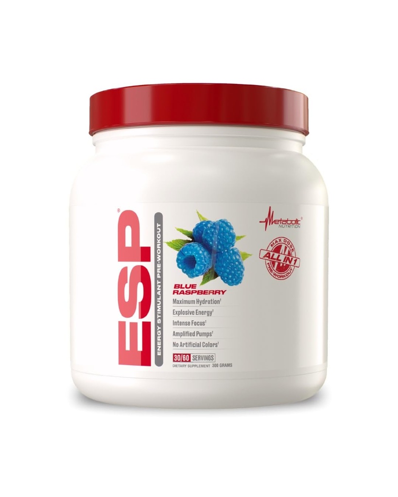 Metabolik Beslenme | ESP - Pre Workout, Pre Intra Workout Supplement | Energy & Endurance Stimulating | Natural, Safe & mental Focus | Blue Raspberry, 300 Grams (90 Hizmet)