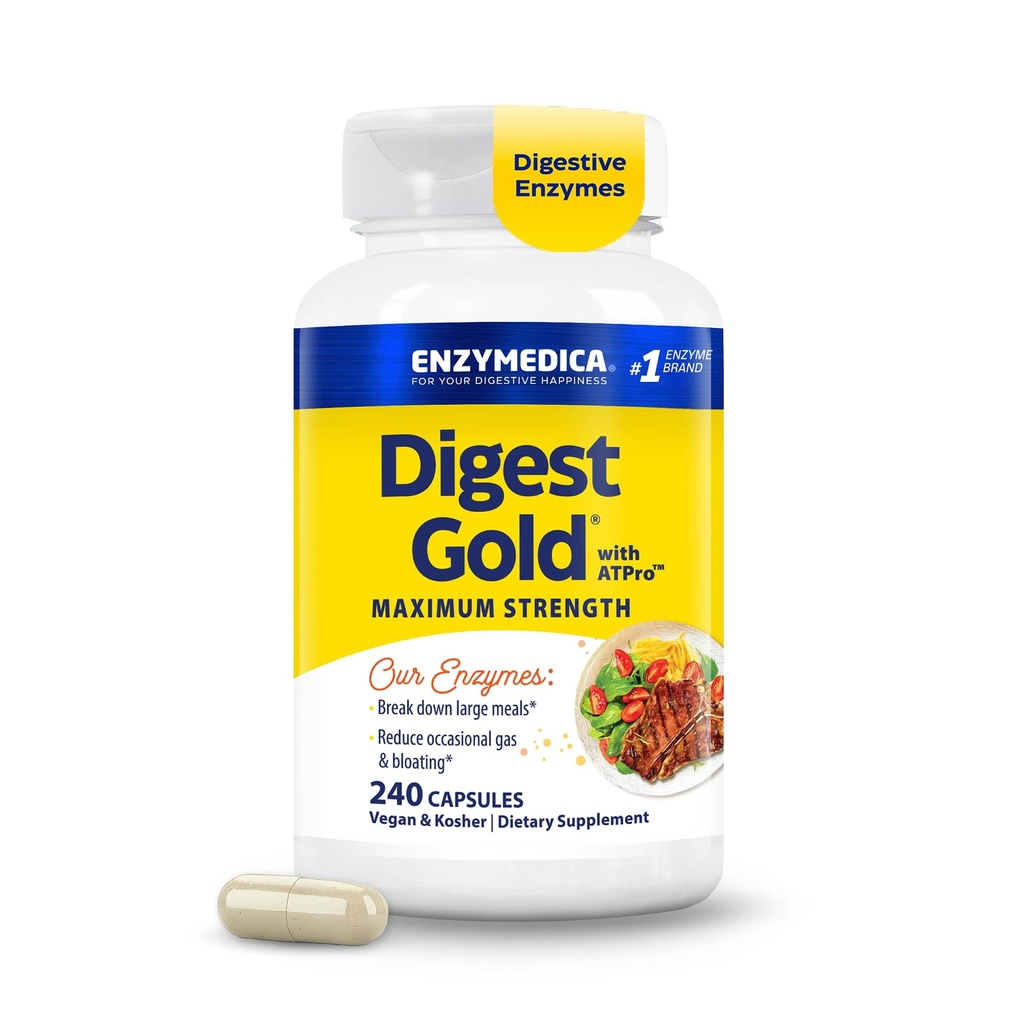 Enzymedica Digest Gold + ATPro, maksimum Güç Enzyme Formula, Bloating and Gas, 14 Key Enzymes Including Amylase, Protease, Lipase ve Lactase, 240 Capsules