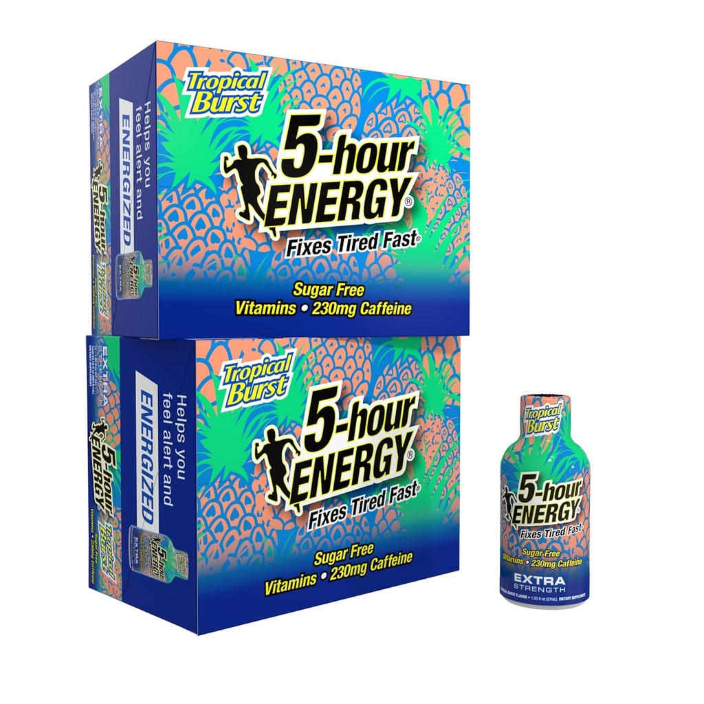 5- Saat ENERJİ Ekstra Güçlü Enerji Shot, Tropikal Burst Flavor (1.93 oz., 24 Kont) Zero Calories & Sugar-Free 230 mg Caffeinated Shot, Bolt Acids & B Vitamins, Diyetary Supplements