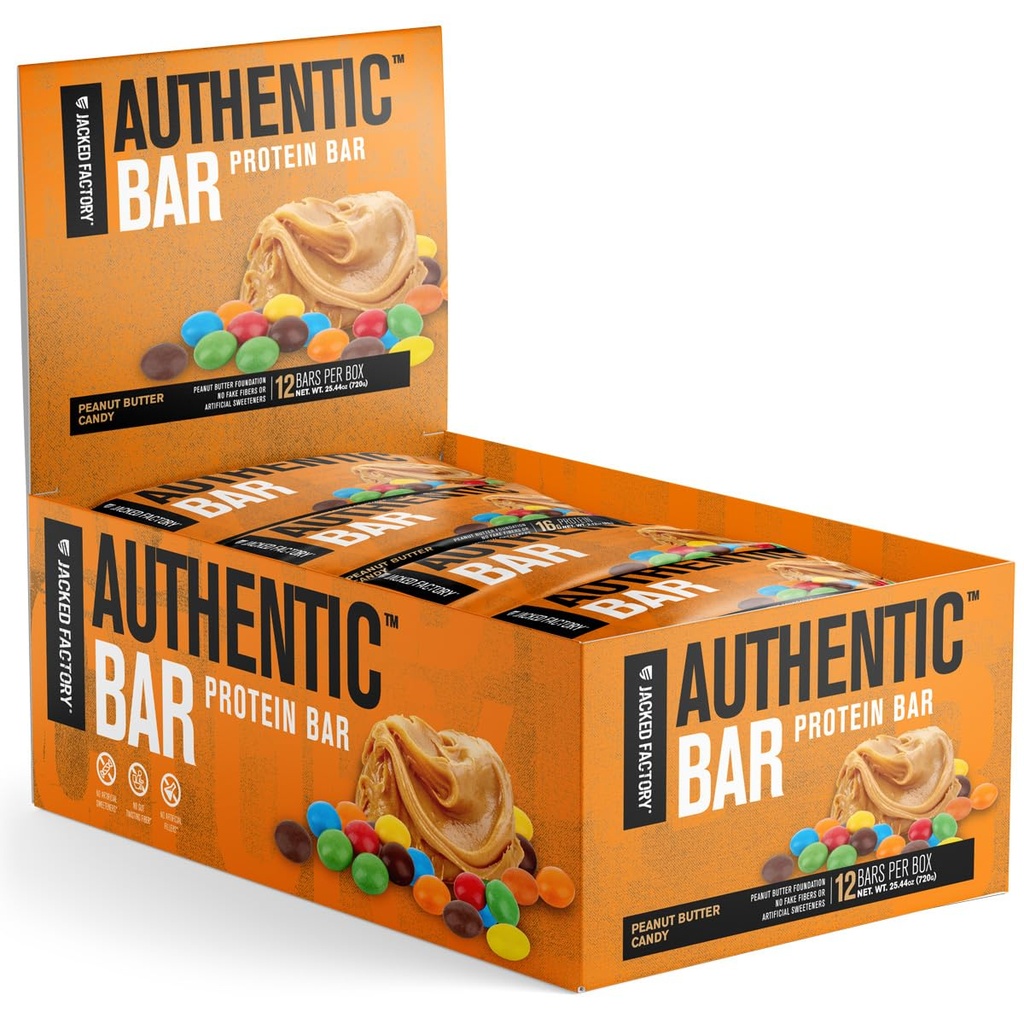 Jacked Factory Authentic Bar Peanut Butter Candy protein Bars - Tasty Meal Change Energy Bars w/ 16g Whey Protein Isolate, Natural Sugars from Pure Honey, Health Fat - 12 Pack