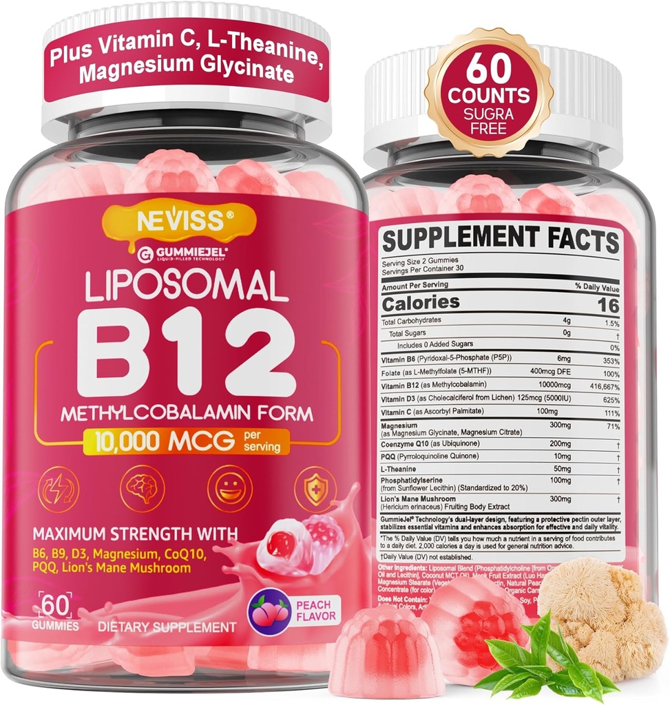 Methylfolate 5000 mcg/10000 mcg w/L-Methylfolate, B6, Lion's Mane Mushroom, CoQ10, PQ, Magnezyum Glycinate, Ekstra Güçlü Liposomal B12 Enerji için Kompleks, Focus,Brain & Immunity 1Pack
