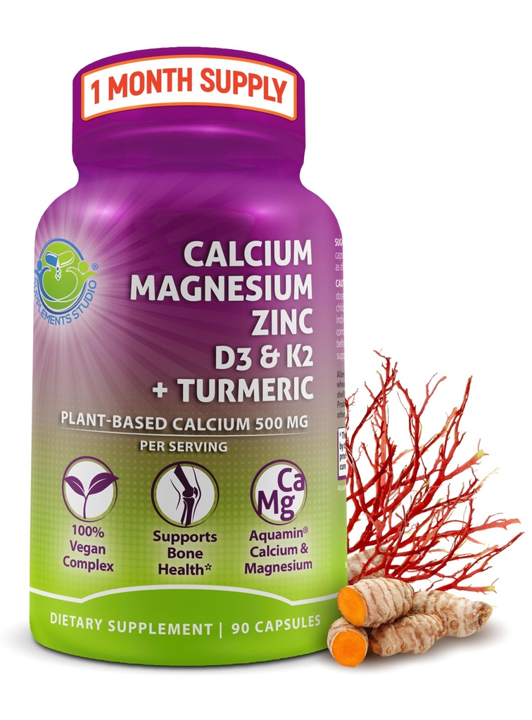 Plant-Baseduba 500 mg (Aquamin) - Vegandis Magnezyum çinko D3 Vitamin K2 & Organik Turmeric - Geliştirilmiş Bone and Muscle Health & Strength, Immune Support for Women & Men - 90 Count