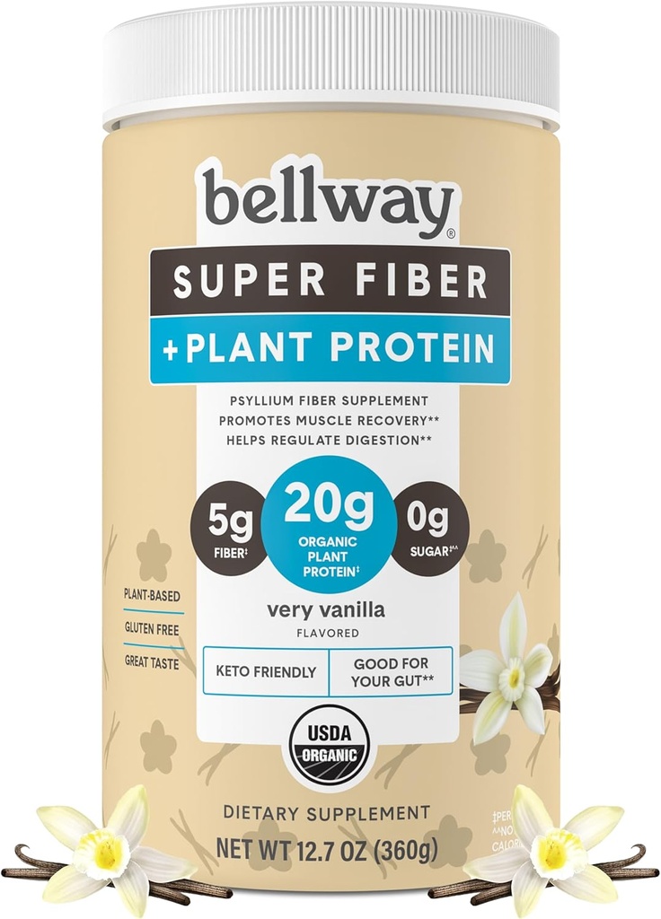 Bellway Super Fiber + Protein Toz, Sugar-Free Organic Psyllium Husk Fiber Supplement Toz 20g Plant proteini EN Vanilla, 12.7 ozz