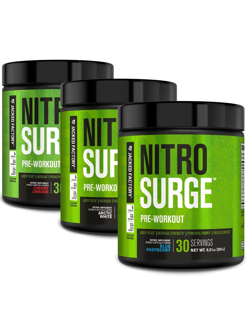 Jacked Factory NITROSURGE Pre Workout Supplement - Endless Energy, Instant Strength Gains, Clear Focus, Intense Pump | Cherry Limeade, Blue Raspberry, Arctic White (90 hizmet)