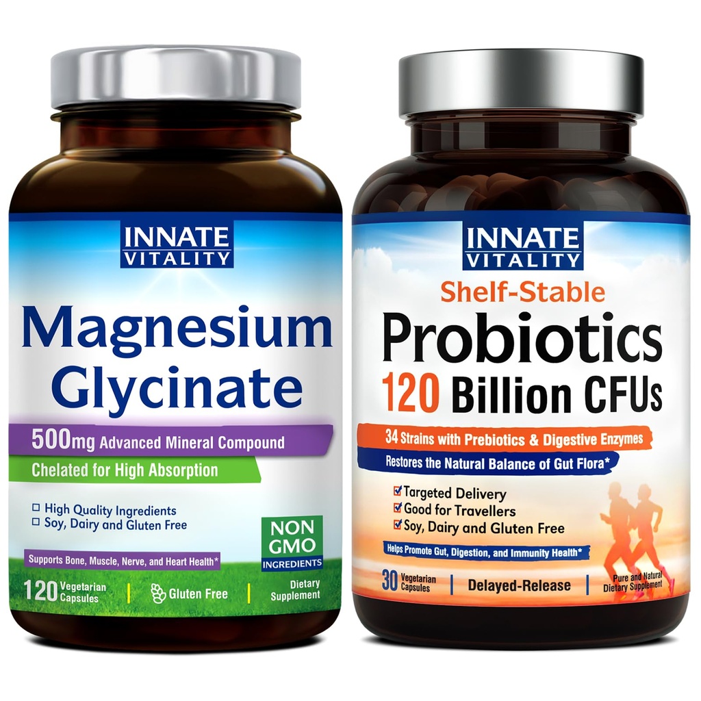 Innate Vitality Magnezyum Glycinate & Probiyotiks 120 Milyar Gluten Süt Soy & Vegan, Magnezyum (120 Caps) & Probiyotik (30 Caps)