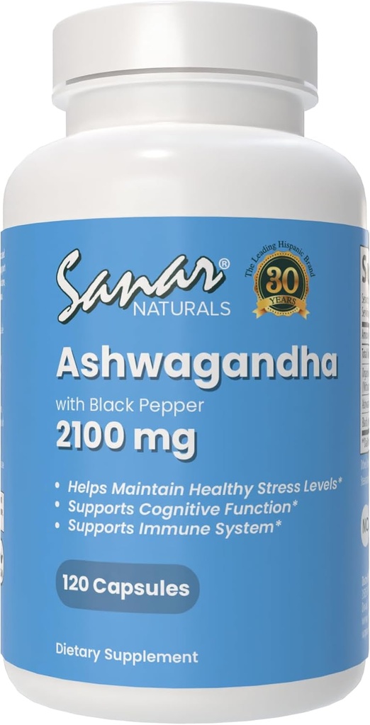 Sanar Naturals Ashwagandha 2,100 mg - Stres ve Mood Support Supplement - Focus and Sustained Energy, Ashwaghanda Toz ve Kök Ekstraksiyonu Siyah Pepper ile - Non-GMO, 120 Capsules