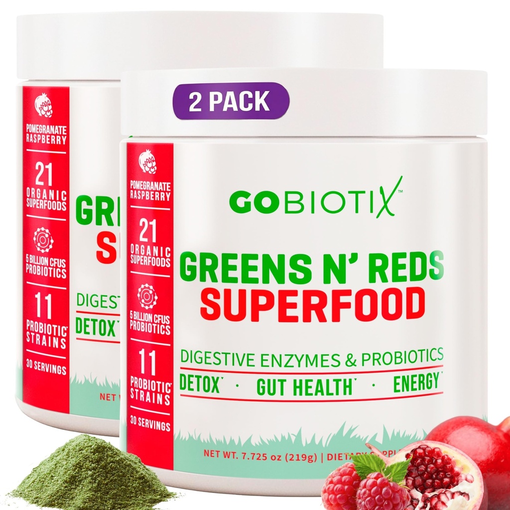 GOBIOTIX Super Greens ve Reds Toz - Red ve Green Superfood - Probiyotik Supplement - Digestive Enzymes and Beet Root Toz - Organik Tüm Gıdalar Diyetsel Tamam (Pom Raspberry, 2 Pack)