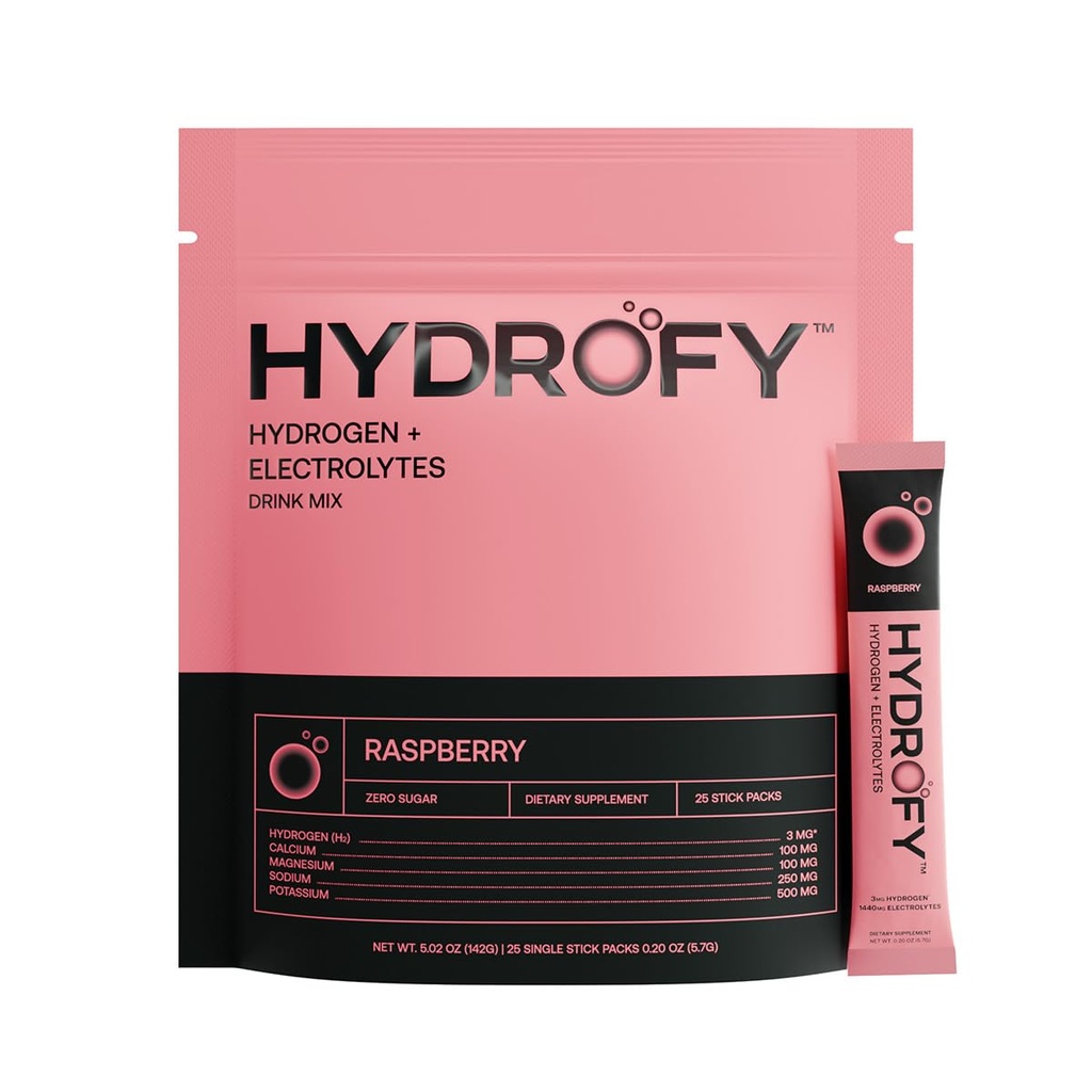 Hydrofy Hidrojen Su + Elektrolytes Drink Mix | H2 Hydration Packets with Molecular Hidrojen, sodyum, Pyum, Magnezyum, Kalsiyum ve Minerals | No Sugar | Raspberry 25 Ct