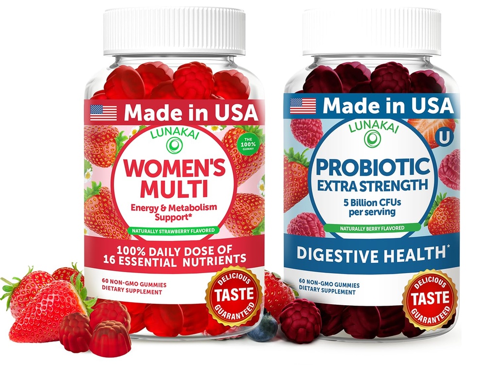 Lunakai USA, Kadınlar Multivitamin & Probiyotik Gummies Sche - 16 Multi Vitamins & Probiyotik for Digestion Support – 60ct Every
