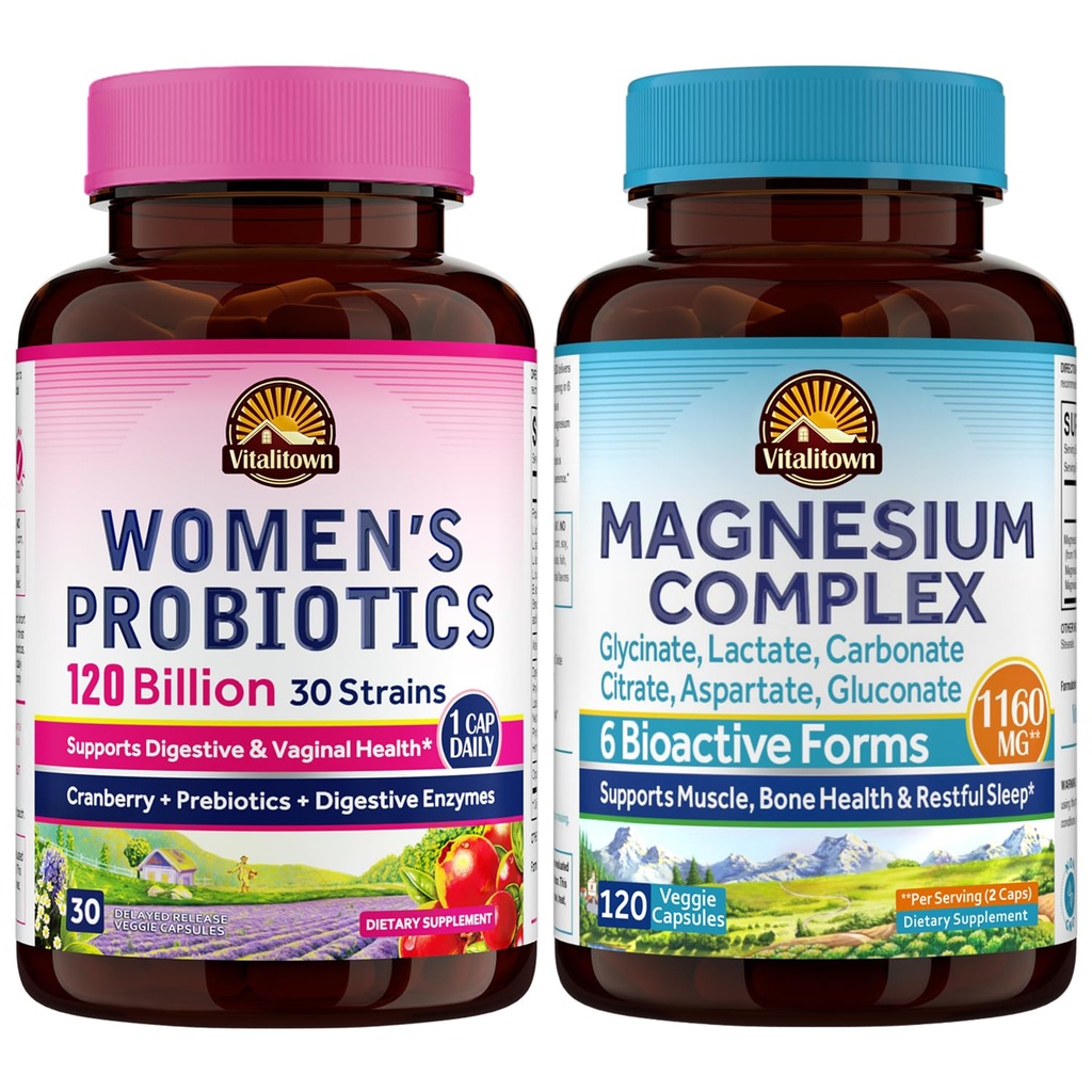 Vitalitown Probiyotik + Magnezyum Sche (Pack of 2) | Kadınların Probiyotikleri (Item 1) & Magnezyum Kompleksi (Item 2) | 30 Probiyotik Capsules & 120 Magnezyum Capsules