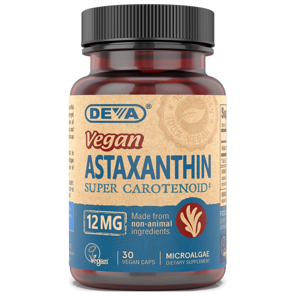 DEVA Beslenme Vitaminleri Astaxanthin 12 mg, Vegan, Haematococcus Pluvialis Microalgae, 30 Capsules, 1-Pack
