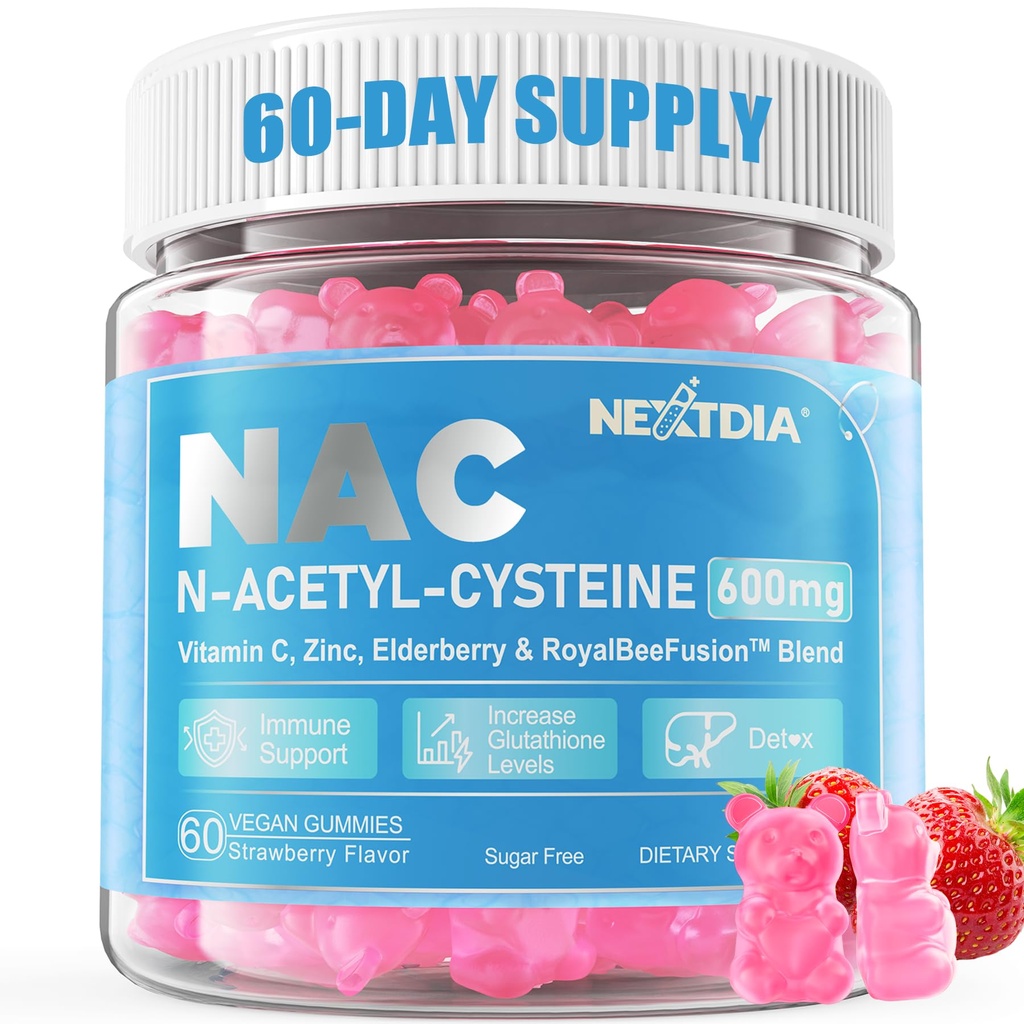 Nextdia NAC Gummies for Kids & Adults, Chewable N-Acetyl Cysteine Supplement 600mg 1000mg w/Vitamin C, Zinc, Elderberry for Antioxidants & Immune Support, Lung & Liver Health, Sugar Free, 120 Ct