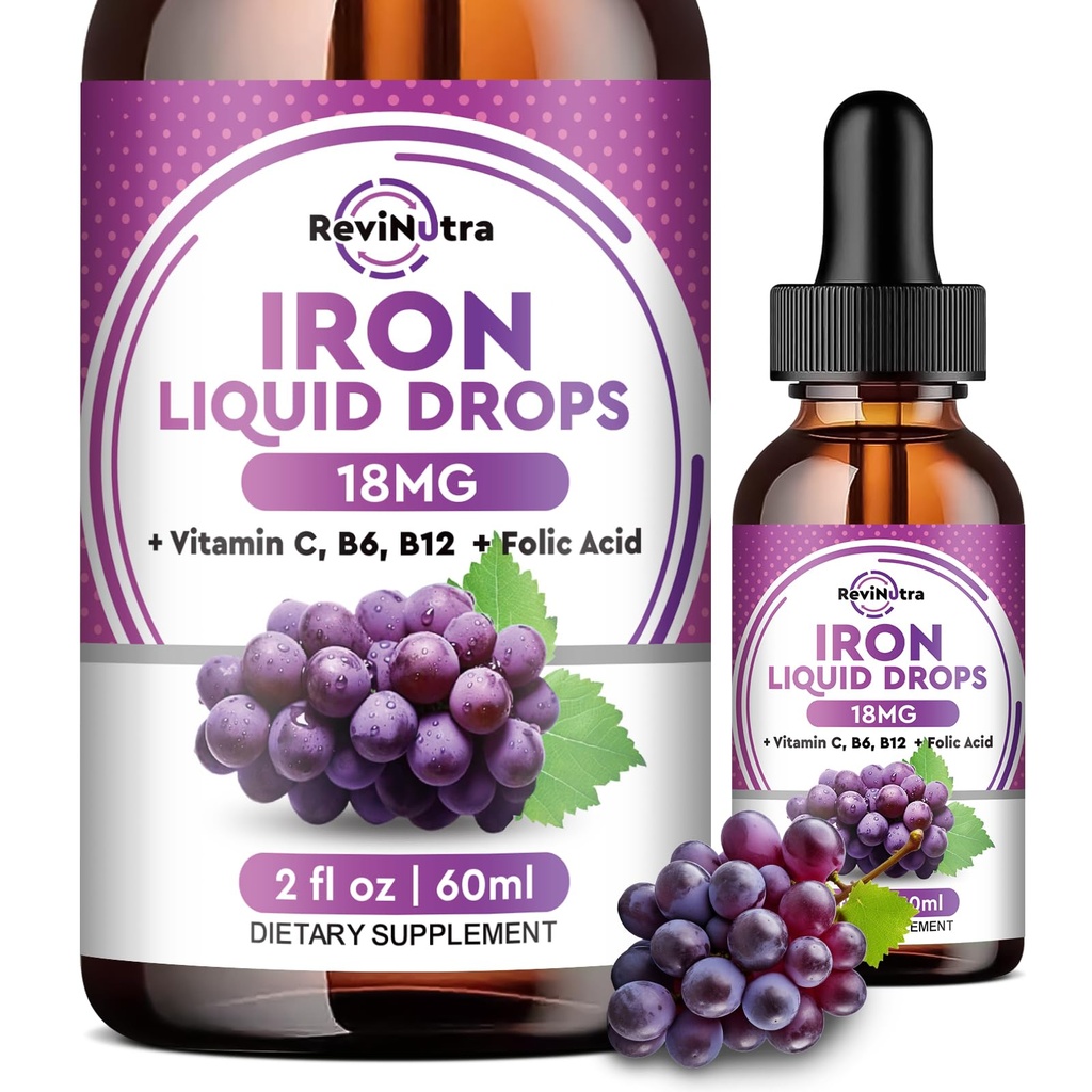 Kadınlar için sıvı Demir Supplement, Erkekler ve Çocuklar - Sıvı Demir Ölmüş, C, B6, Biremi için B12, Red Blood Hücre, Enerji Desteği - Grape Flavor, 2 Fl Oz