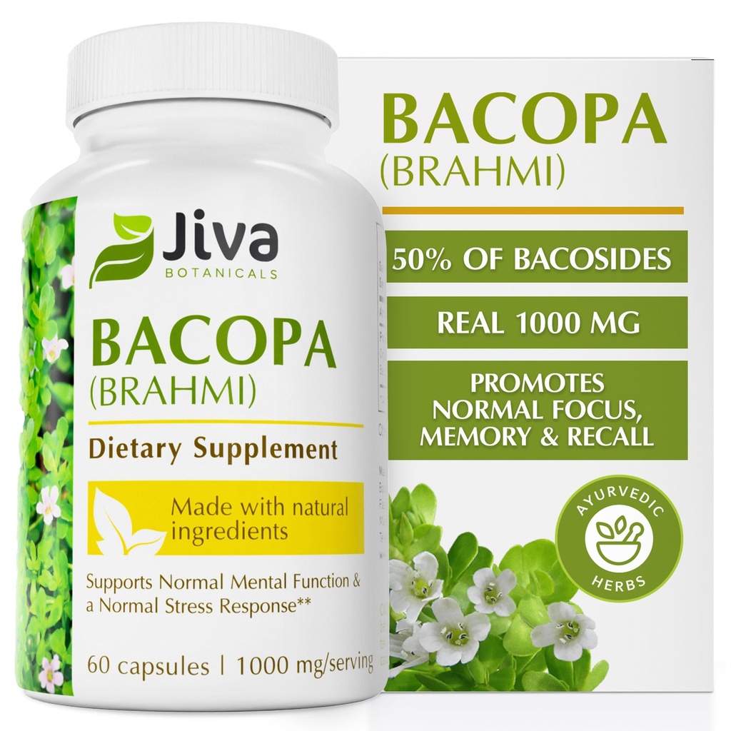 Jiva Botaniks Bacopa Monnieri Supplement Pure 1000 mg per Service - High Potency Bacopa Monnieri (Brahmi) & Normal Beyin, Focus, & Memory Support - Ayurvedic Herbs - 60 Capsules