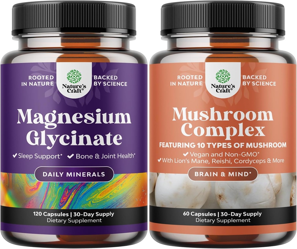 Magnezyum Glycinate Capsules Mineral ve Nootropic Brain Focus Mushroom - Immune Support Bone Health Mood Support - 10X Mushroom Mix for Sugar Balance and mental Focus