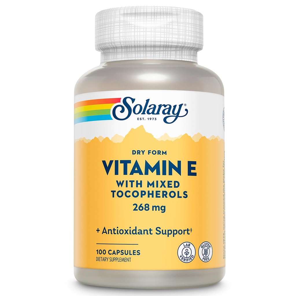 SOLARAY Vitamin E 400 IU (268 mg), Kuru Form - Doğal Kaynak, Karma Tocopherols E - Antioksit Tamam, PMS ve Menopause Support - 60-Day Garanti, Lab TY - 100 Serv, 100 Capsules