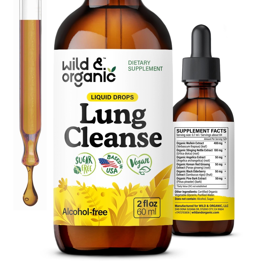 Vahşi & Organik Lung Cleanse Tincture - Lungs için Tatlı Yemek - Herbal Detox Supplements - Vegan, Sugar & Alkol-Free Mullein Drops - 2 fl oz