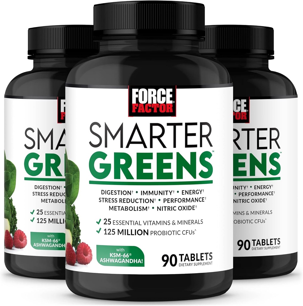 FORCE FACTOR Smarter Greens Tabletleri, 3-Pack, Greens Supplement with 25+ Superfoods and Antioksis to improve Digestion, Reduce Stress, Support Immunity, and Support Metabolism, 270 Tabletler