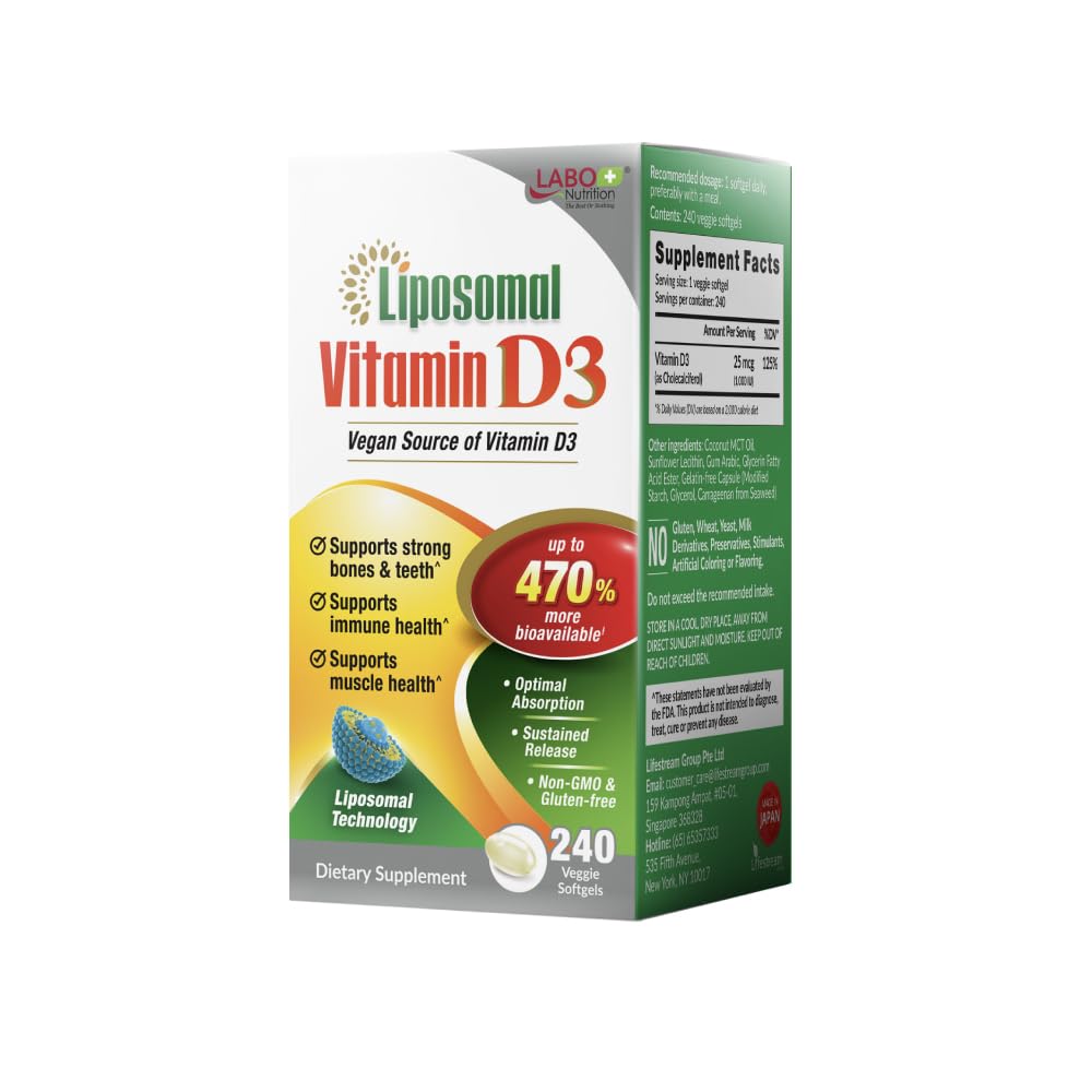LABO Beslenme Liposomal Vitamin D3, Yüksek Potency Vegan- Optimal Aborpsiyon, Sustained Release, 47 Bio kullanılabilir, Boost Immunity, Bone & Brain Health, 240 Days Supply, Non-GMO, Gluten Free
