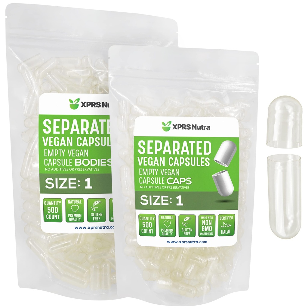 XPRS Nutra Vegan Boyutu 1 ayrı Capsules - 500 Kont Premium Boş Kapsüller Çantada Ayrıştı - Clear Pills 1 DIY Supplement için Boş