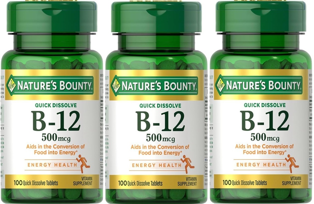 Nature's Bounty B-12 Quick Dissolve Tabletleri 500 Mcg, 300 Tabletler (3 X 100 Kont Şişe)