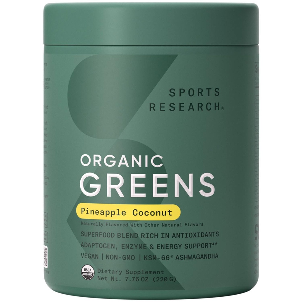 Sports Research® Organic Pineapple Coconut Greens - Digestive Health, Natural Energy & Mood Support* - Certified Organic Powder - 20 Servings