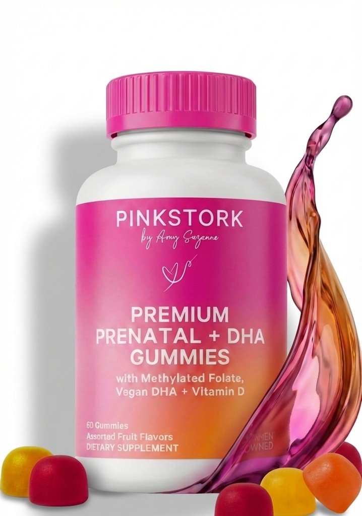 Pink Stork Premium Prenatal Gummy Vitamins with DHA, Folate, and Vitamin D - Neural Tube and Fetal Brain Development için Multivitamin ve Nutrient Ölçeği - 60 Vegan Gummies