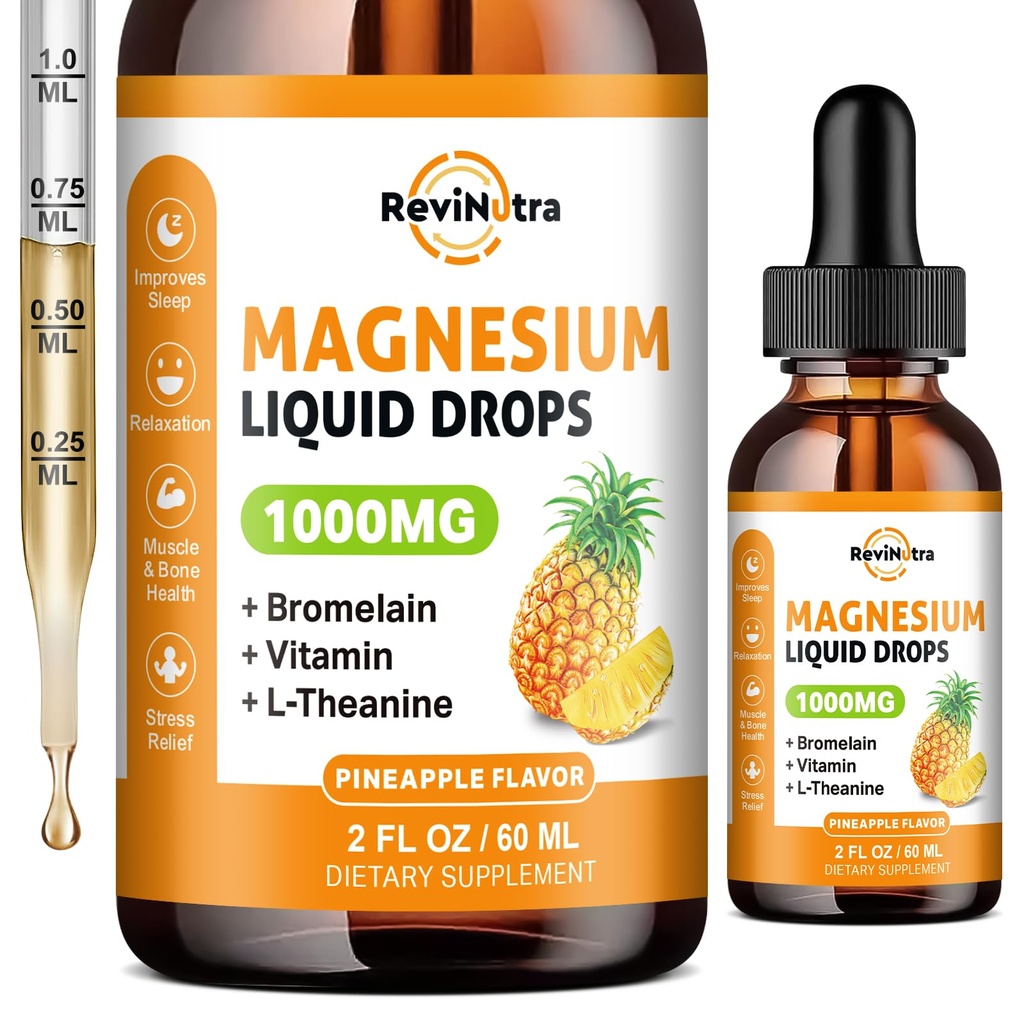 Magnezyum Glycinate Liquid Drops, 1000 mg of Liquid Magnezyum Kompleksi Uyku, Nerve, Enerji, Kas, Bone, Calm & Digestion, High Abxia, 2 Fl Oz, Sugar-Free Pineapple Flavor