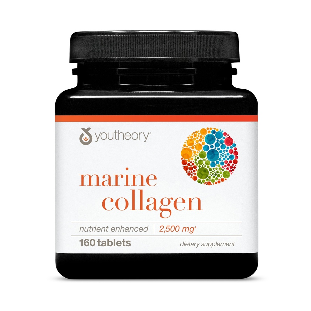 Youtheory Marine Collagen - 2.500 mg - Ortak, Nail, Saç, Skin, Bone & Muscle Health* - Amino Asits, Minerals & Vitamins C, A, E, B6 & B12-160 Tabletler (32-Day Supply)