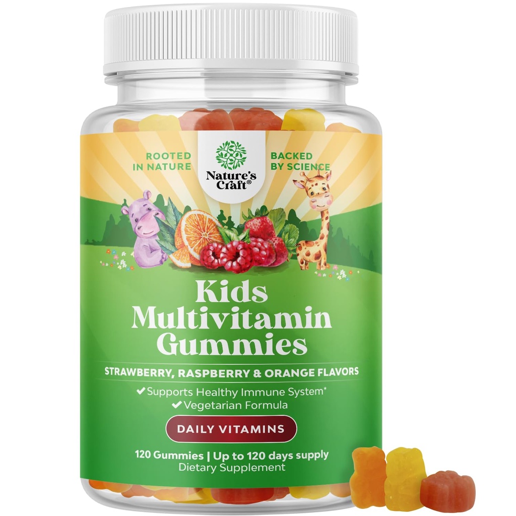 Natures Craft Plantive Kids Multivitamin Gummies - Çocuklar için Multivitamin Immunity Support Gummies with Vitamins A C D3 E B ve çinko Gelatin ve Gluten Free Non-GMO Vitaminleri Gummy Formula 120ct