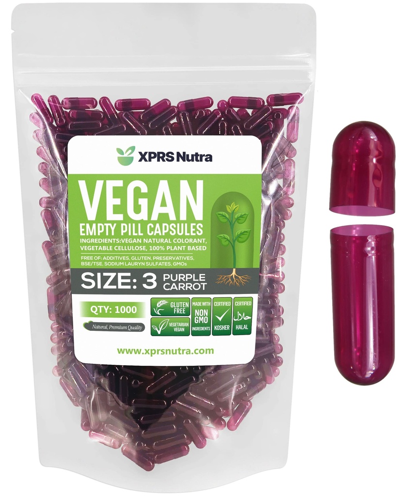 XPRS Nutra Boyutu 3 Boş Kapsüller - 1000 Kont Boş Vegan - Vejetaryen Pills - DIY Sebze Kapsülü - Veggie Pill Caps (Purple Carrot)