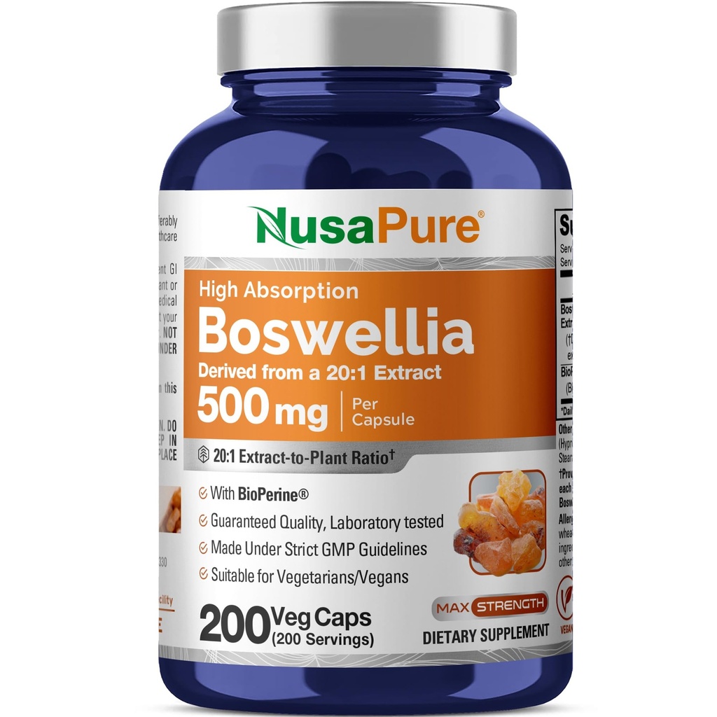 NusaPure Boswellia Serrata 10.000 mg Per Veggie Caps 200 Count (Ext. 20:1, Non-GMO, Vegan, Bioperine) Ayurvedic Herb: Hint Olibanum, Frankincense