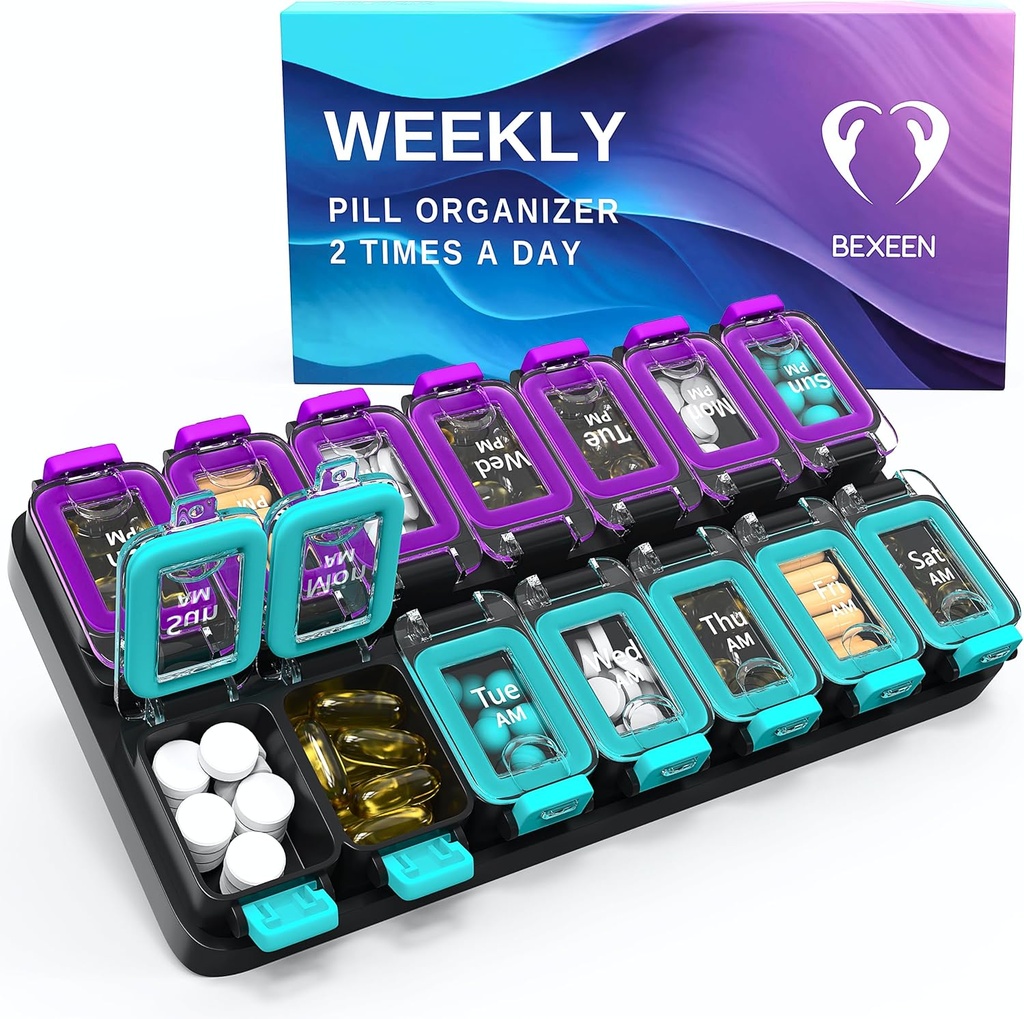 Extra Large Weekly Pill Organizer 2 Times A Day - Airtight Pill Box 7 Day - Am Pm Vitamin Case - Medicine Container Two Week Supplement Holder Daily Medication Storage Twice Med XL Green/Purple