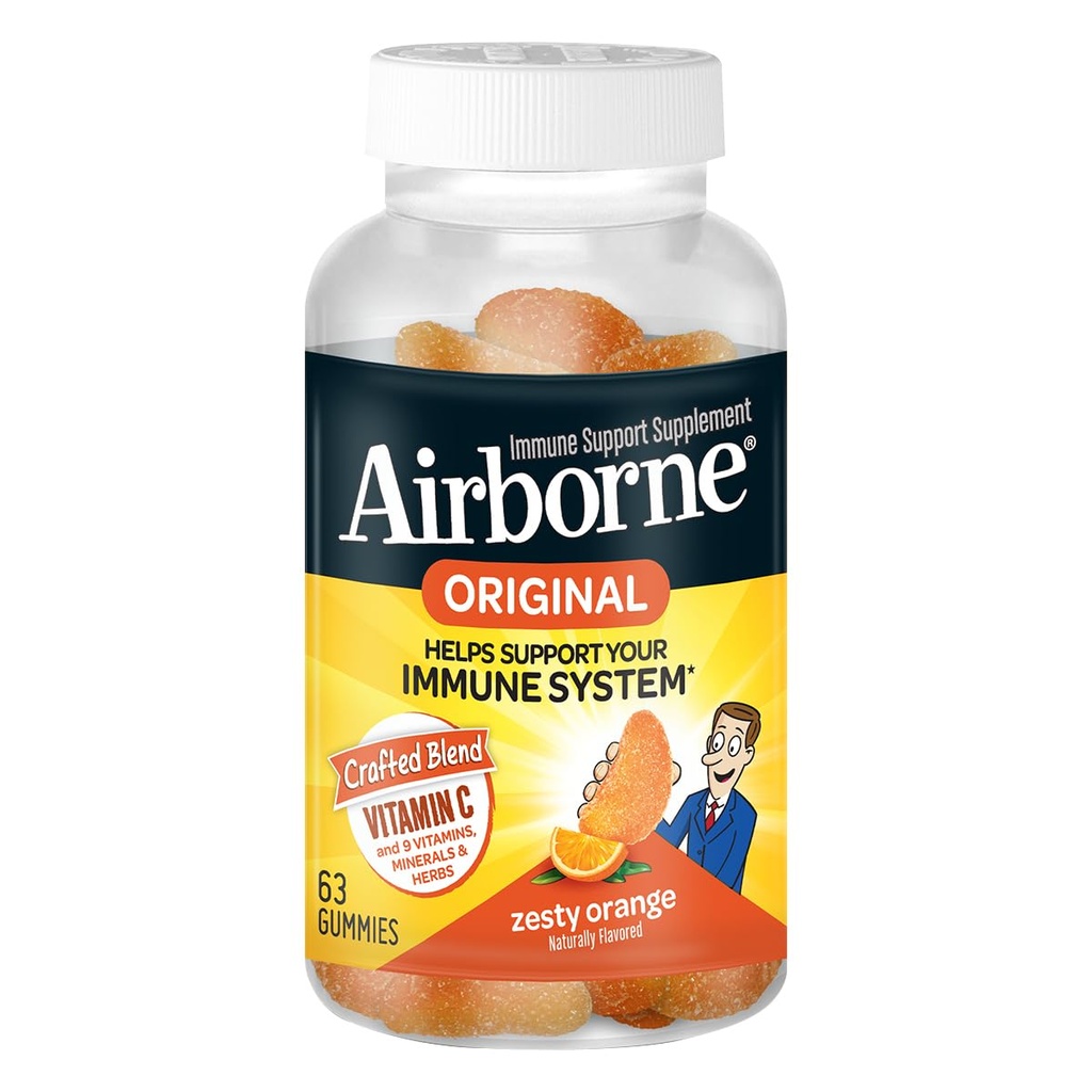 Airborne Immune Support Gummies, Zesty Orange Flavor, 63 ct - 750 mg Vitamin C + Vitamins A, D & E + Zinc, Selenium, and Manganese | with Herbal Blend | Naturally Flavored
