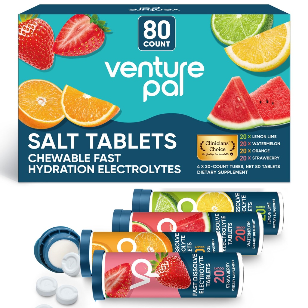 Venture Pal Chewable Electrolyte Tablets, 80 Count Fast-Dissolve Sugar-Free Stick Salt Tablets,Gluten Free – Variety Pack for Rapid Hydration, Outdoor Running, Hiking | Keto & Vegan Friendly | 4 Pack