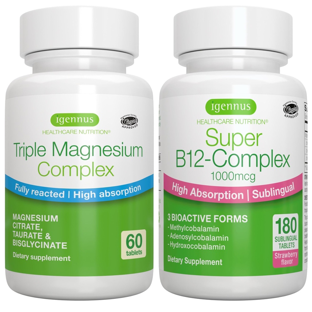 Triple Kompleksi + Super B12-Complex Energy Sche, High Abxia Chelated Glycinate, Taurate & Citrate Magnezyum + High Abpole Sublingual B12, Vegan, Igennus