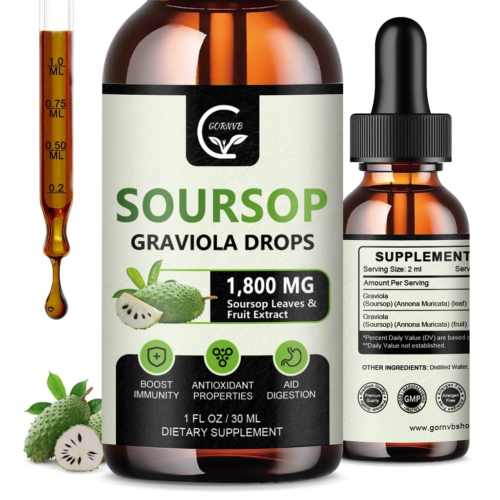 (2 Pack) Soursop Graviola Liquid Drops 1800 mg, %98 Abxia Soursop Bitters Hücre Desteği ve Rejenerasyon için sıvı, Immune Boost, Relax, Liver ve Sleep, Herbal Goodness, Gluten Free, 1 Fl Ozness
