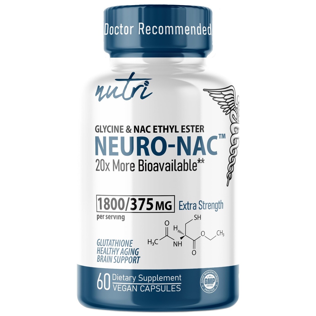 Nutri Neuro NAC Supplement 375 mg Ekstra Kuvvet 1800 mg Glycine - N-Acetyl Cysteine Ethyl Ester - 20x More Bio available - Boost Glutathione 10x More - 90 Vegan Capsules - 3rd Parti Test Edildi