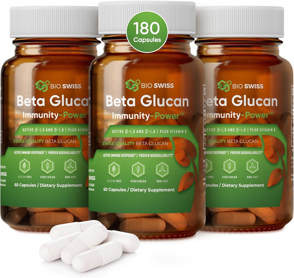 Bio Swiss Beta Glucan Immunity Power - 1.3D-1,6D Glucan D Vitamini - Gelişen Savunma ve Wellness için Immune Support Supplement - Vegan, Gluten-Free (180 Capsules)