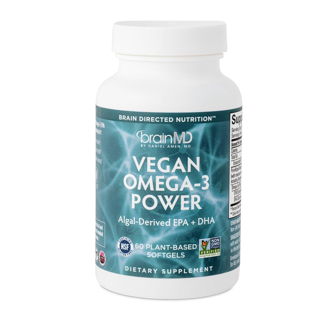 BRAINMD Dr Amen Vegan Omega-3 Power - 60 Plant-Based Softgels - 1,100 mg of EPA & DHA - Destekler Focus, Memory & Heart Health - Vegan, Gluten Free & Non-GMO - 30 Servisler