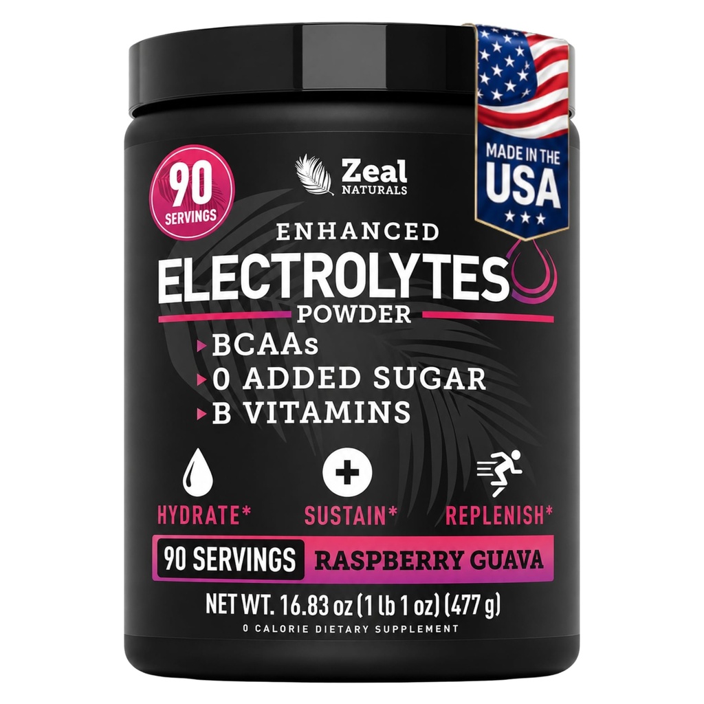 Zeal Naturals Electrolyte Toz Kurtarma İçgörü (90 Hizmetler | Raspberry Guava) w 0 Sugar +BCAAs +B-Vitamins Electrolyte Supplement w Pyum çinko & Magnezyum için Hydration - Keto Electrolytes