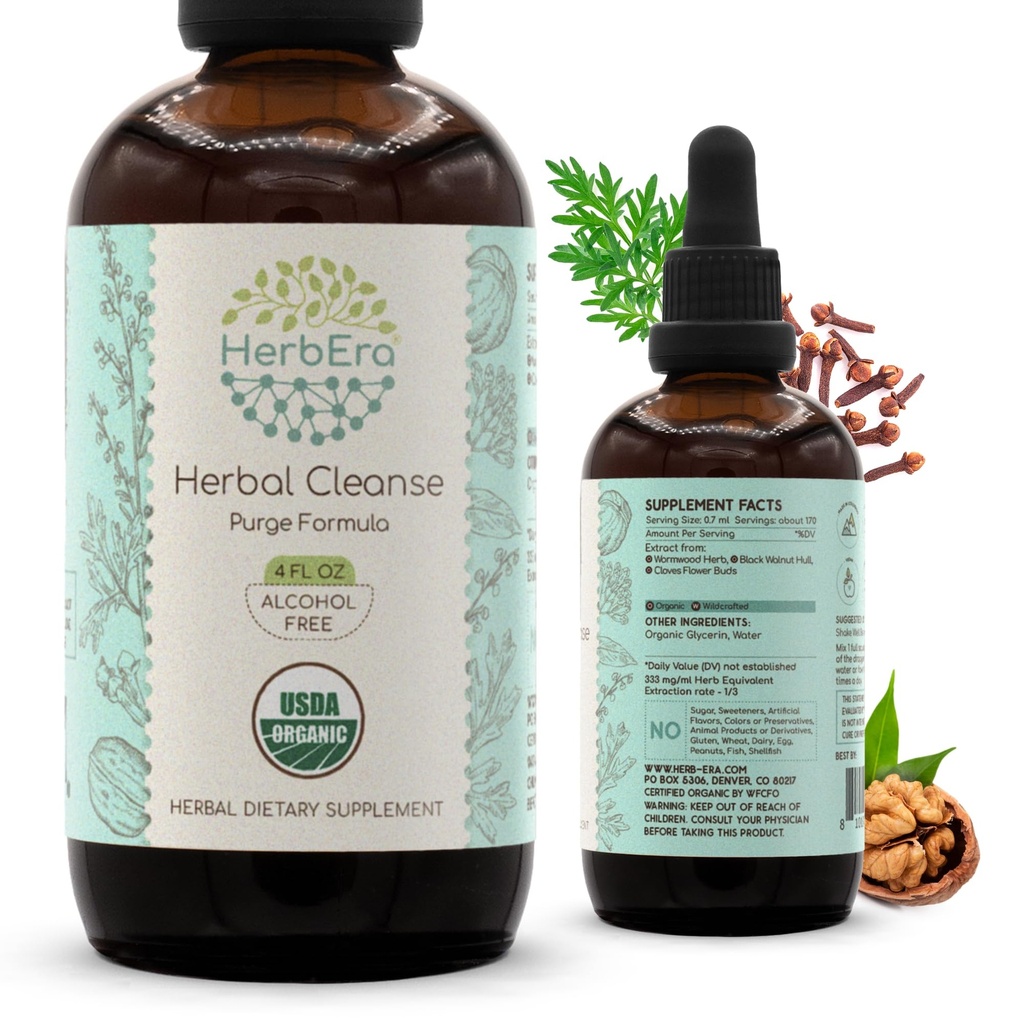 HerbEra Herbal Cleanse Organic Alkol-Free Tincture | Detox ve Cleanse Formula, Ekstra Tamam | Organik Wormwood Herb, Black Walnut Hull, Cloves Flower Buds | Purge Extract (4 fl oz)