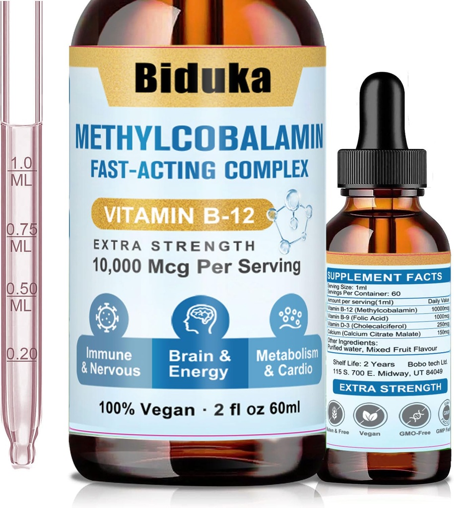 10.000 Telefon Vitamini B12 Sublingual Liquid Drops, Unique Formula with D3, B9 (Folic Acid), Kalsiyum, Destek Enerji, Kalp, Mood, Beyin, Immune System, Vegetarian, Non-GMO & Gluten Free