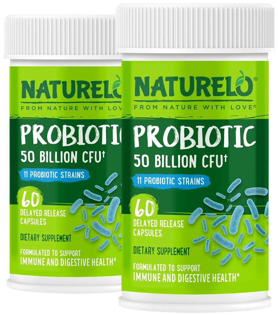 Digestive Health - 50 Milyar CFU, 11 Strains, Daily Use Supplement - Boosts Immune System, Gecikmiş Yayın, No-Fridge, 60 Vegetarian Capsules (Pack of 2)