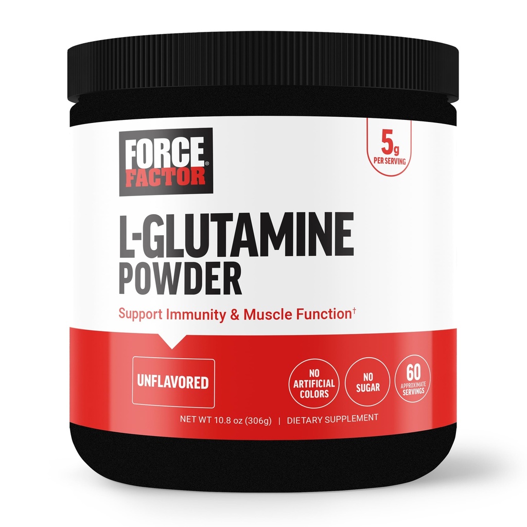 FORCE FACTOR L-Glutamine Toz Post Workout Recovery, Muscle Recovery, Sağlıklı Kas Fonksiyonu ve Immunity, 5000 mg/5g Glutamine Supplement, Vegan, Non-GMO, 60 Hizmetler